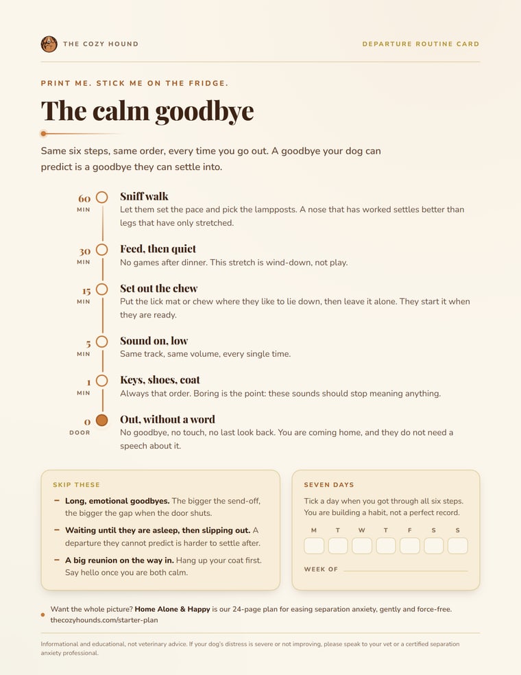 The calm goodbye, a printable departure routine card from The Cozy Hound