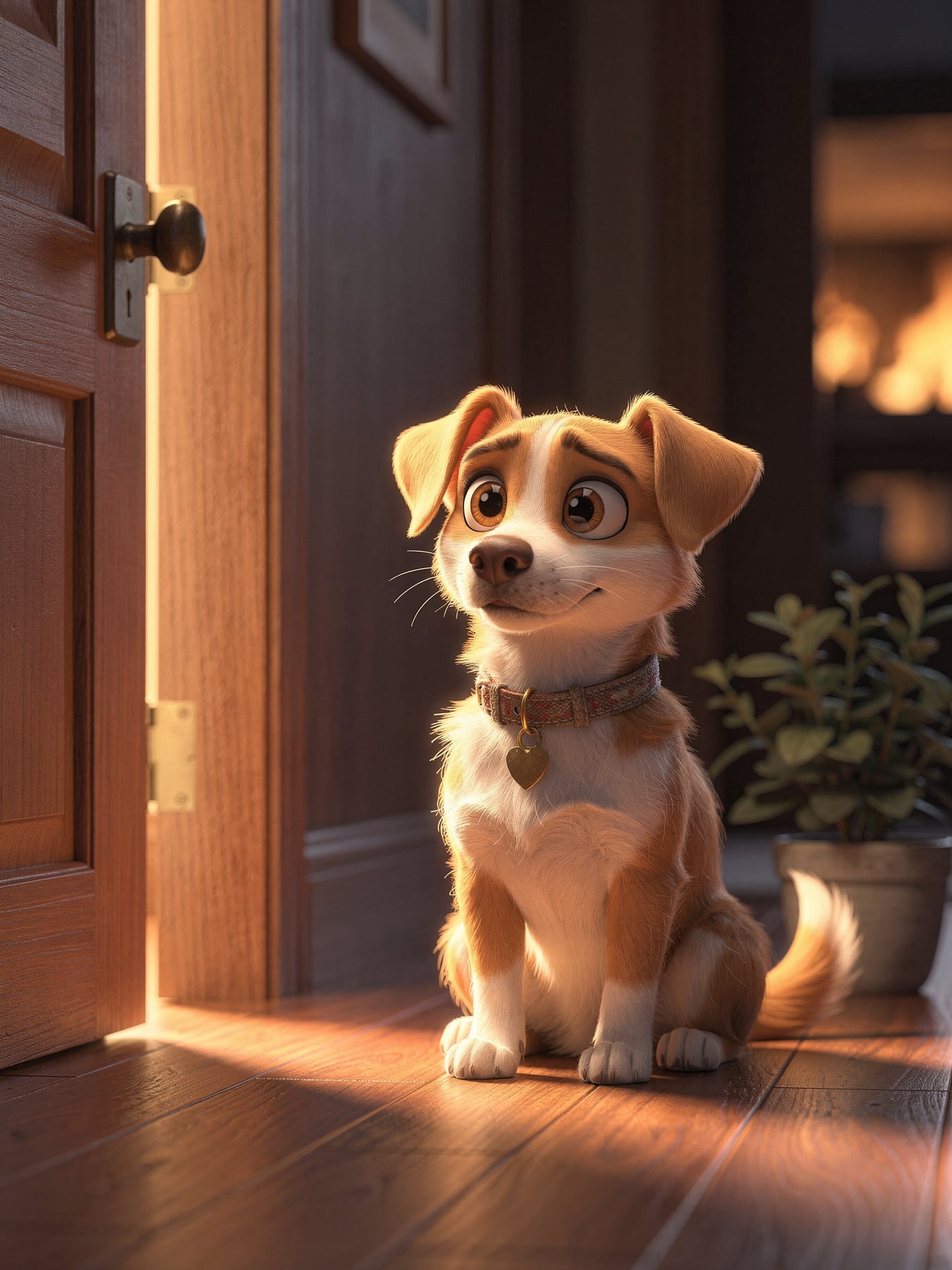 Biscuit the rescue dog waiting calmly by a door held slightly open
